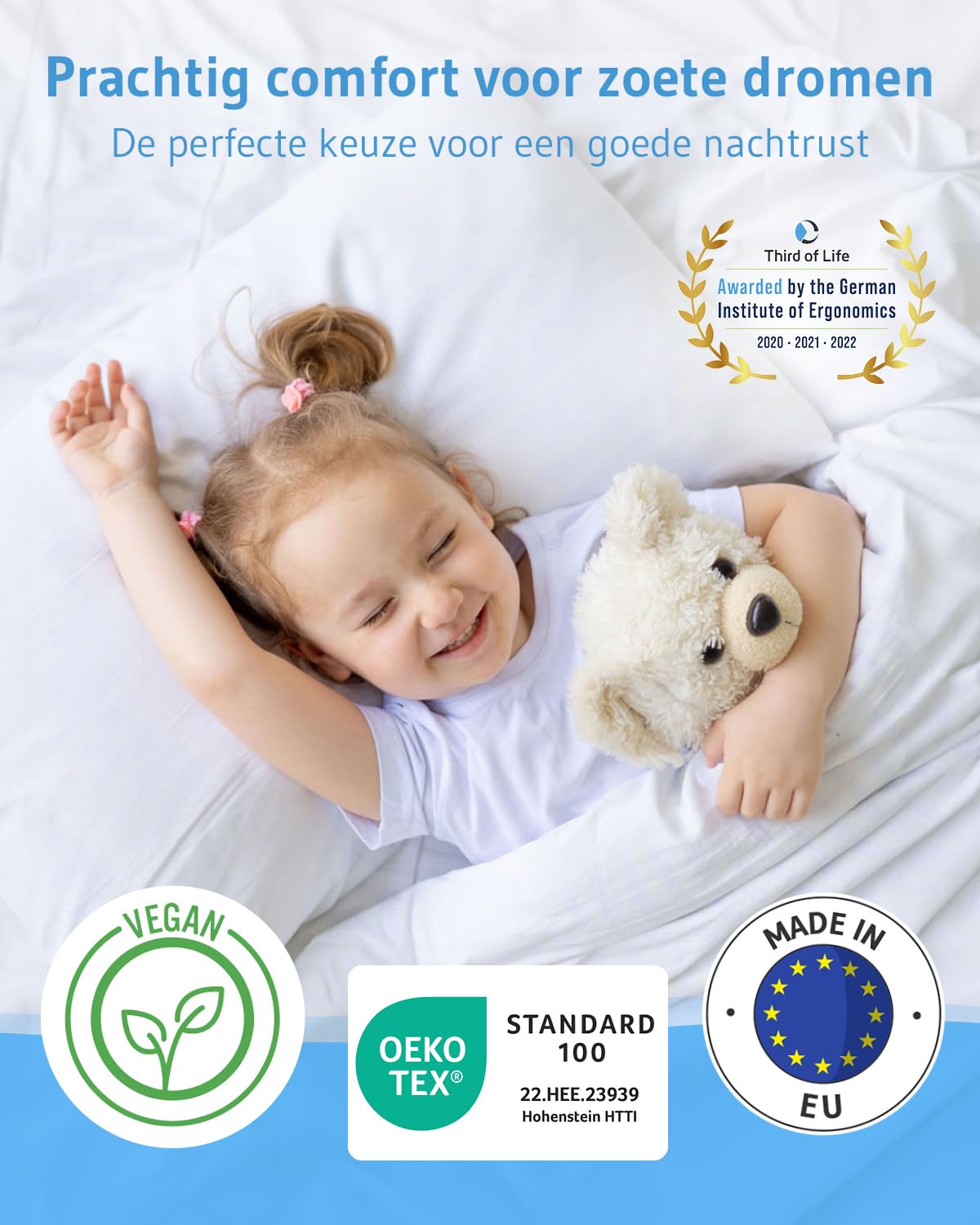 Kinderkussen 40x60, OEKO-Tex gecertificeerd, Duurzaam & in hoogte verstelbaar, hoofdkussen van biologisch katoen & gerecyclede vulling, Plat behaaglijk kussen gemaakt in EU, kussen 60x40
