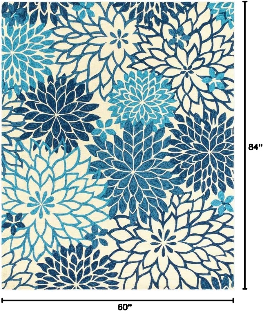 Fresh Navy Blue Teal Florals Pattern Outdoor Waterproof Area Rug for Porch Patio Deck Balcony Veranda Washable No Slip Durable Rugs 5x7 Backyard Foyer Camping Garden Rustic Country Outside Carpet