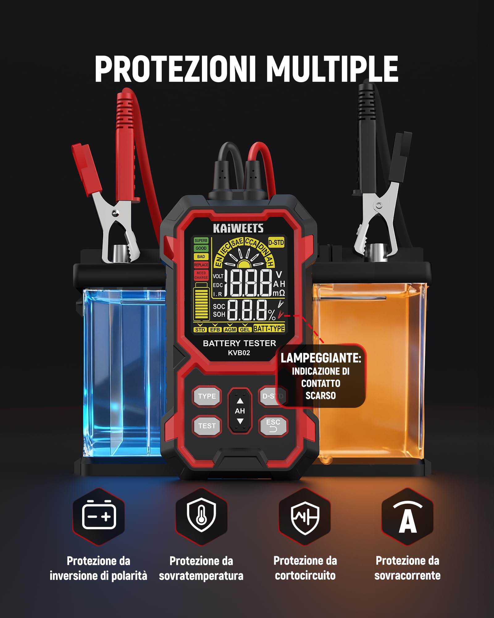 KAIWEETS Tester Batteria Auto 12V/24V Digitale Test Batteria Auto 50–2000 CCA con Analisi SOH/SOC Display LCD Test Avviamento per Veicolo/SUV/Veicolo