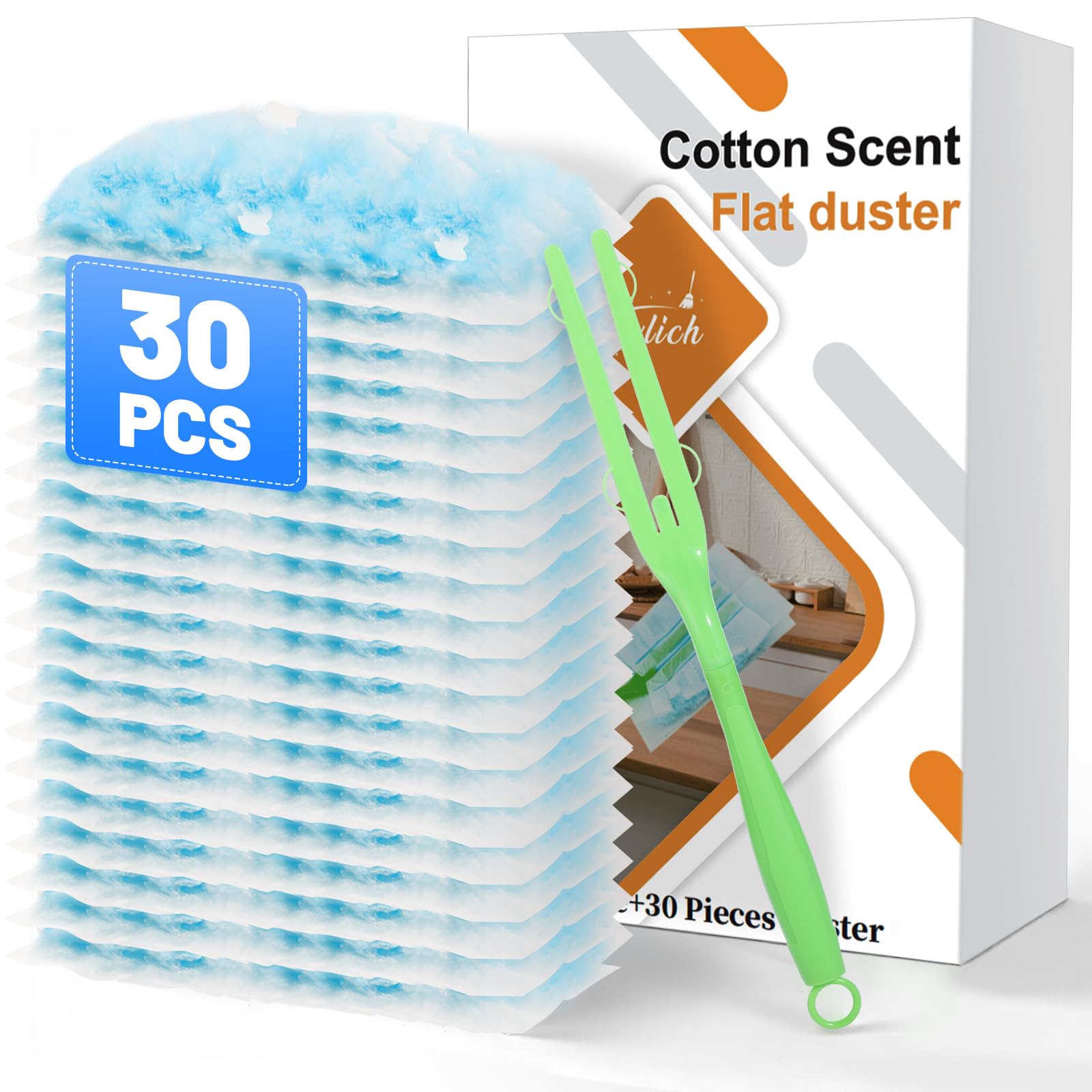 30 Pack Duster Refills Compatible with Flash and Swiffer Duster with 1 Handle, 180° Duster Replacement Refills for Cleaning Furniture, Office, Blinds, Car