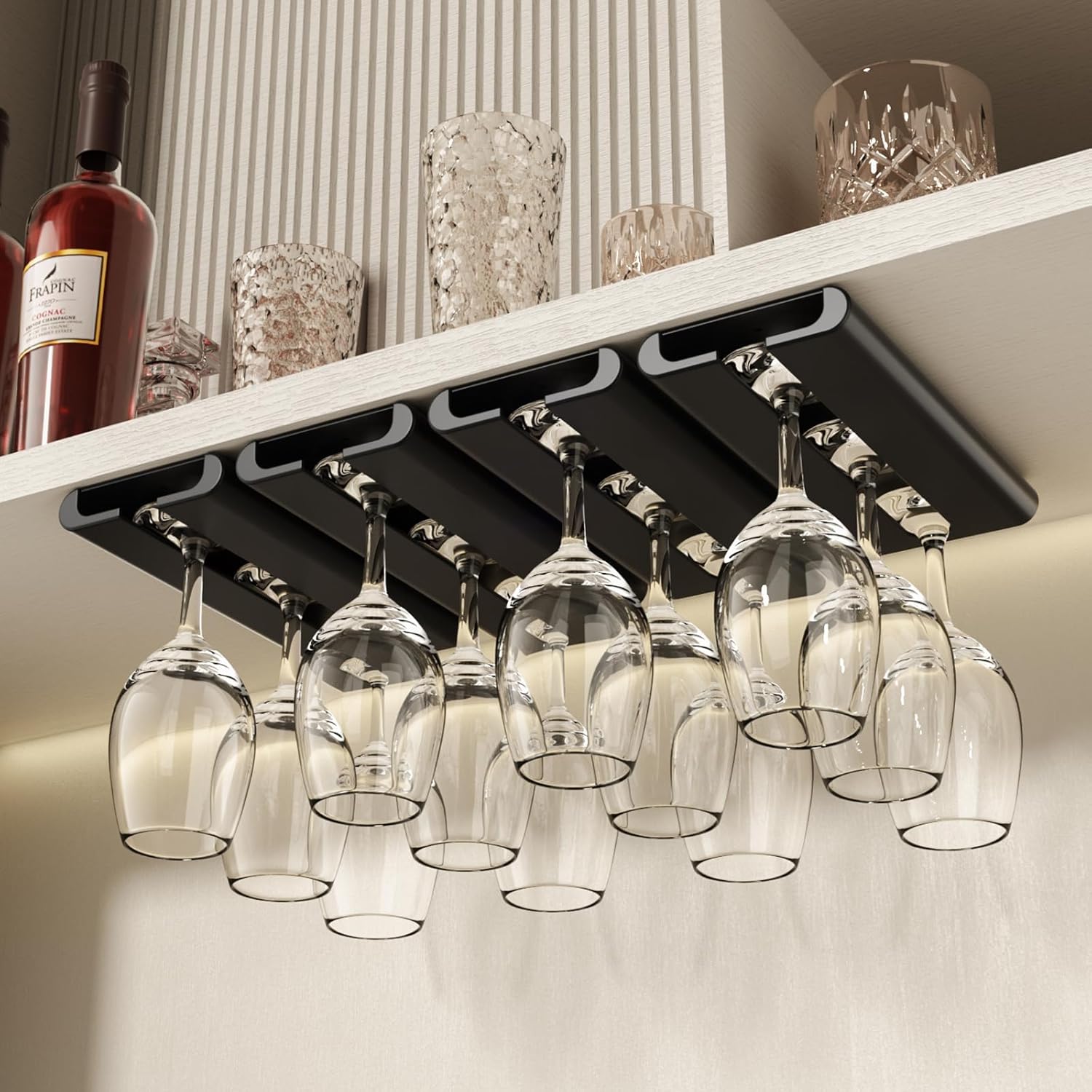 Wine Glass holder, 4Pack Wine Glass Rack, Punch-free Wine Glass Holder Under Cabinet, Stemware Rack for Kitchen and Bar (Black)