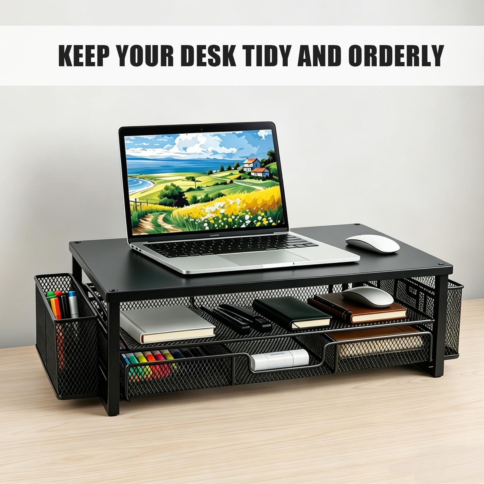 Supporto per monitor con cassetto, supporto per monitor a 2 livelli con organizer da scrivania e 2 portapenne, supporto ergonomico da scrivania per display, laptop e