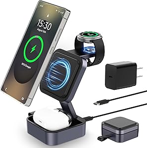 3 in 1 Charging Station for Samsung, Foldable Wireless Charger Station, Travel Magnetic Fast Charger Stand for Galaxy S26-S21/Z Fold/Flip Series, Galaxy Watch Ultra/8-5 & Galaxy Buds Pro/3/2 Series