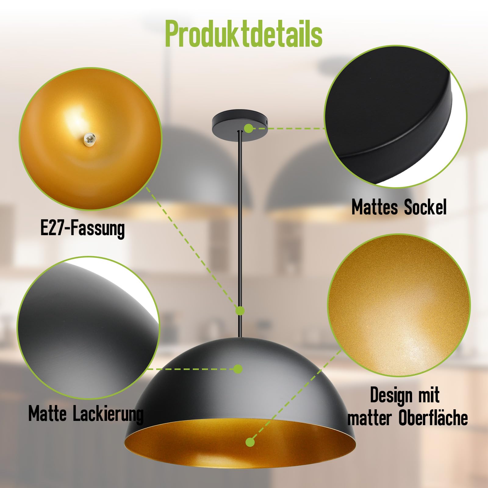 Ø40cm Pendelleuchte Schwarz Gold E27 Sockel Industrial Hängelampe Modern Hängeleuchte Hängelampen Deckenlampe Hängend Vintage Bauernhaus Metall Deckenleuchte für Küche 2 Stück