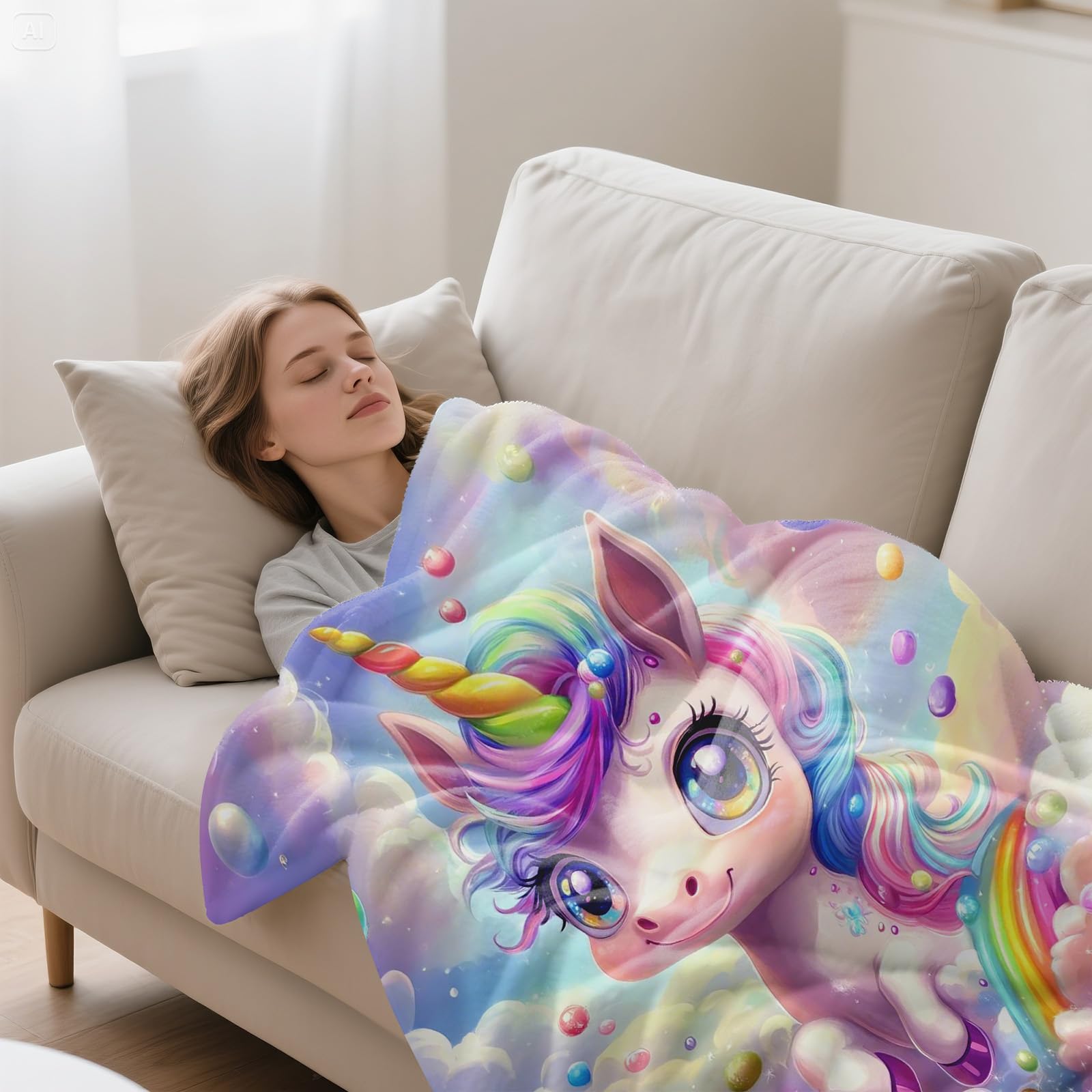 Einhorn Decke Kinder Kuscheldecke für Mädchen, Flanell Kinderdecke, Sofadecke, Kuscheldecke Einhorn mit Bunte Wolken, 150 * 200cm