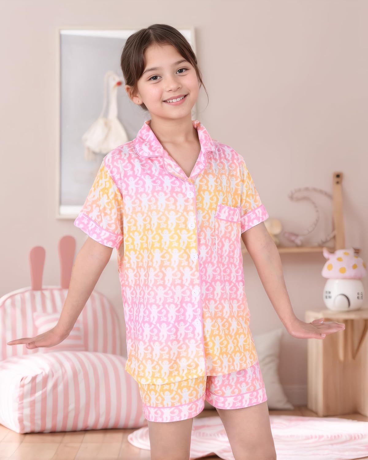 Cute Monkey Pajamas Set for Girls, Kids Summer Button Down Matching Y2k Loungewear PJs Christmas Thanksgiving Gift