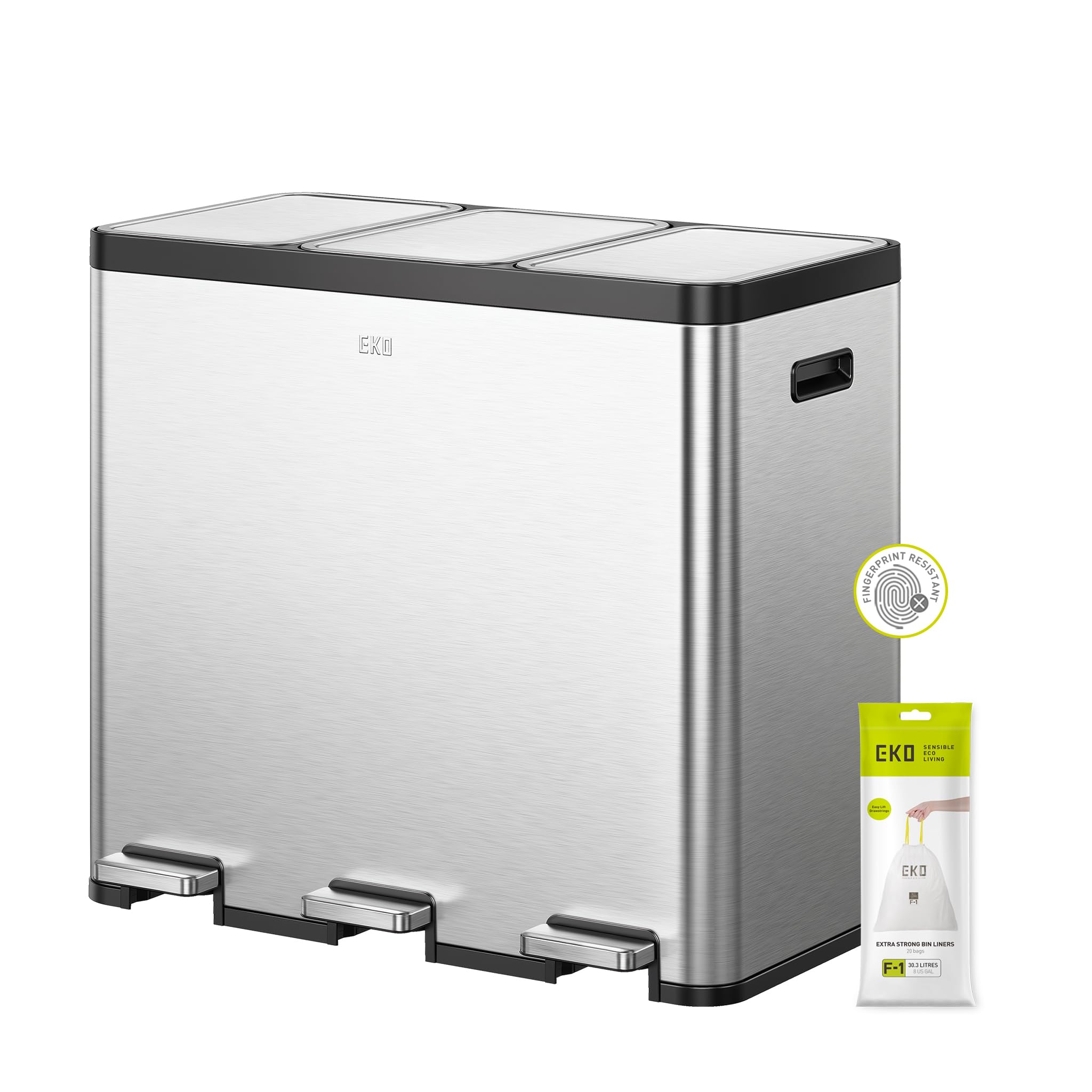 EKO Ecocasa Recycling Bin 20L+20L+20L, Stainless Steel 3 Compartment Rubbish Bin with Individual Pedals for Kitchen Waste Separation, Plastic Inner Buckets and Handles, Soft Closure, Matt Metallic