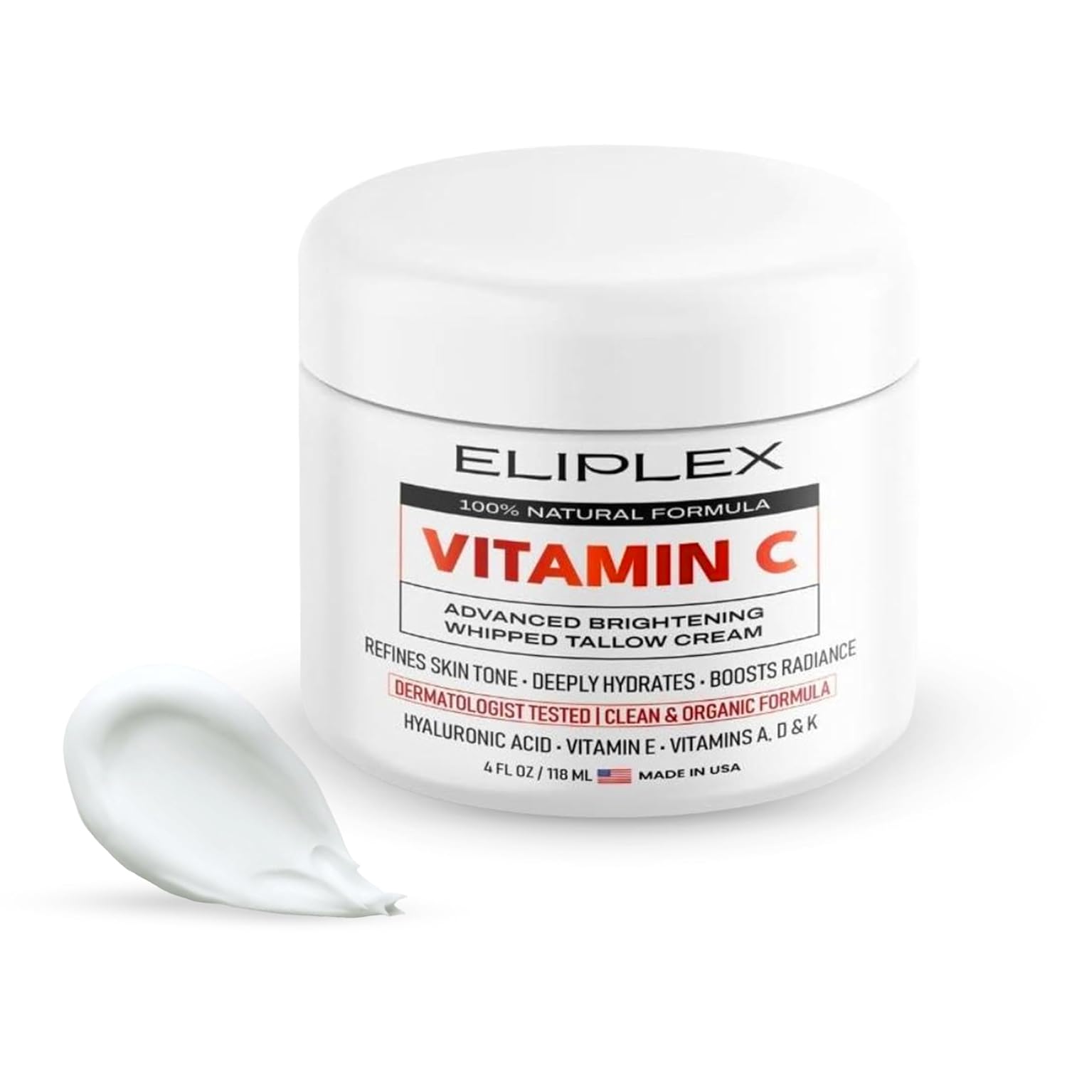 ELIPLEX Whipped Tallow Cream – Vitamin C + Hyaluronic Acid | Grass-Fed Tallow, Deep Hydration & Glow | Regenerative Face & Body Balm | 4 oz