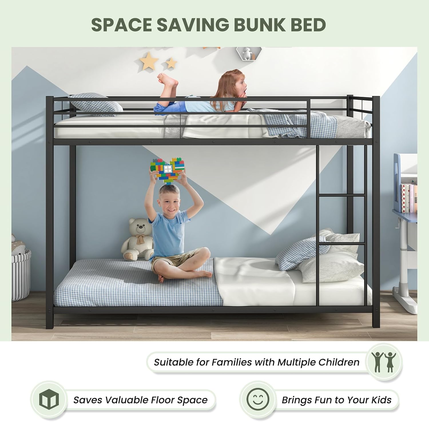 A KOMFOTT Metal Low Bunk Bed in a child's room, demonstrating its space-saving design with children on both the upper and lower bunks.