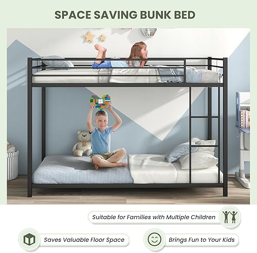 Miniatura 6 de KOMFOTT Litera baja de metal, tamaño individual sobre individual, base de cama resistente con escalera y barandillas de longitud completa, marco de