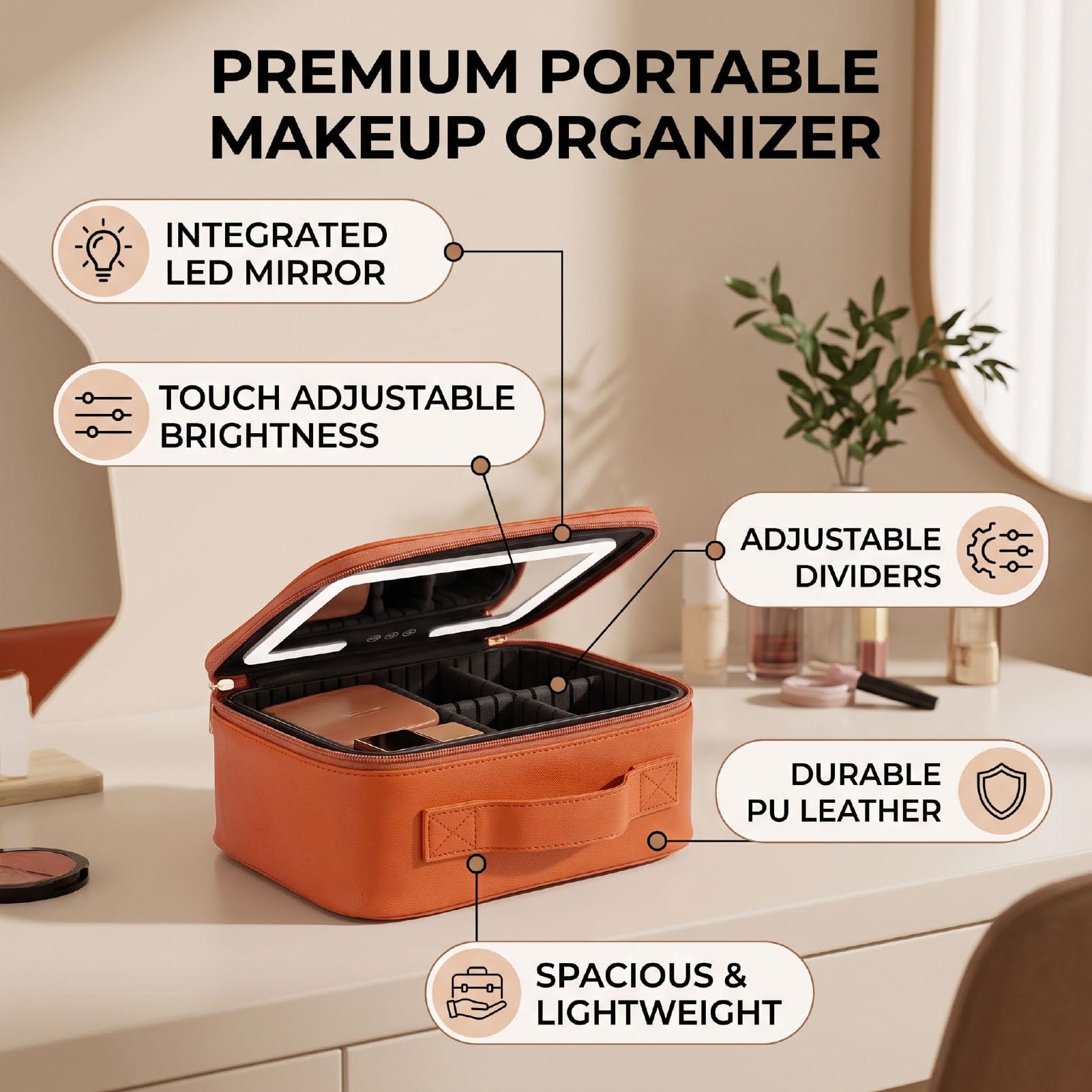 Trousse Maquillage Miroir LED, Batterie Intégrée 1000mAh