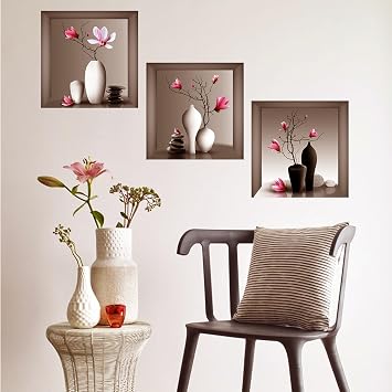 3D Pink Orchid Vase Wall Stickers, 3Pcs Modern Floral PVC Wall Decals, Removable 3D Blossom Wall Art for Bedroom, Living Room, Entryway, Yoga Studio, Sofa Backdrop, Home Office Decor