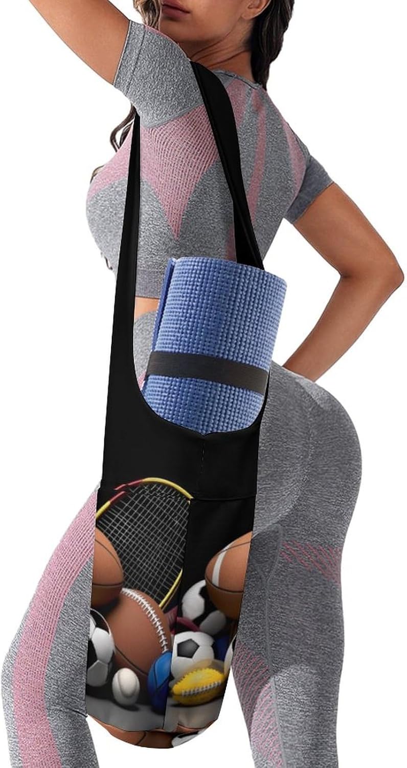 Canvas Yoga Bag,Sports Themed Printed Yoga Mat Handbag,Portable Yoga Mat Bag Large Capacity Gym Bag for Men Women Pilates Beach Travel