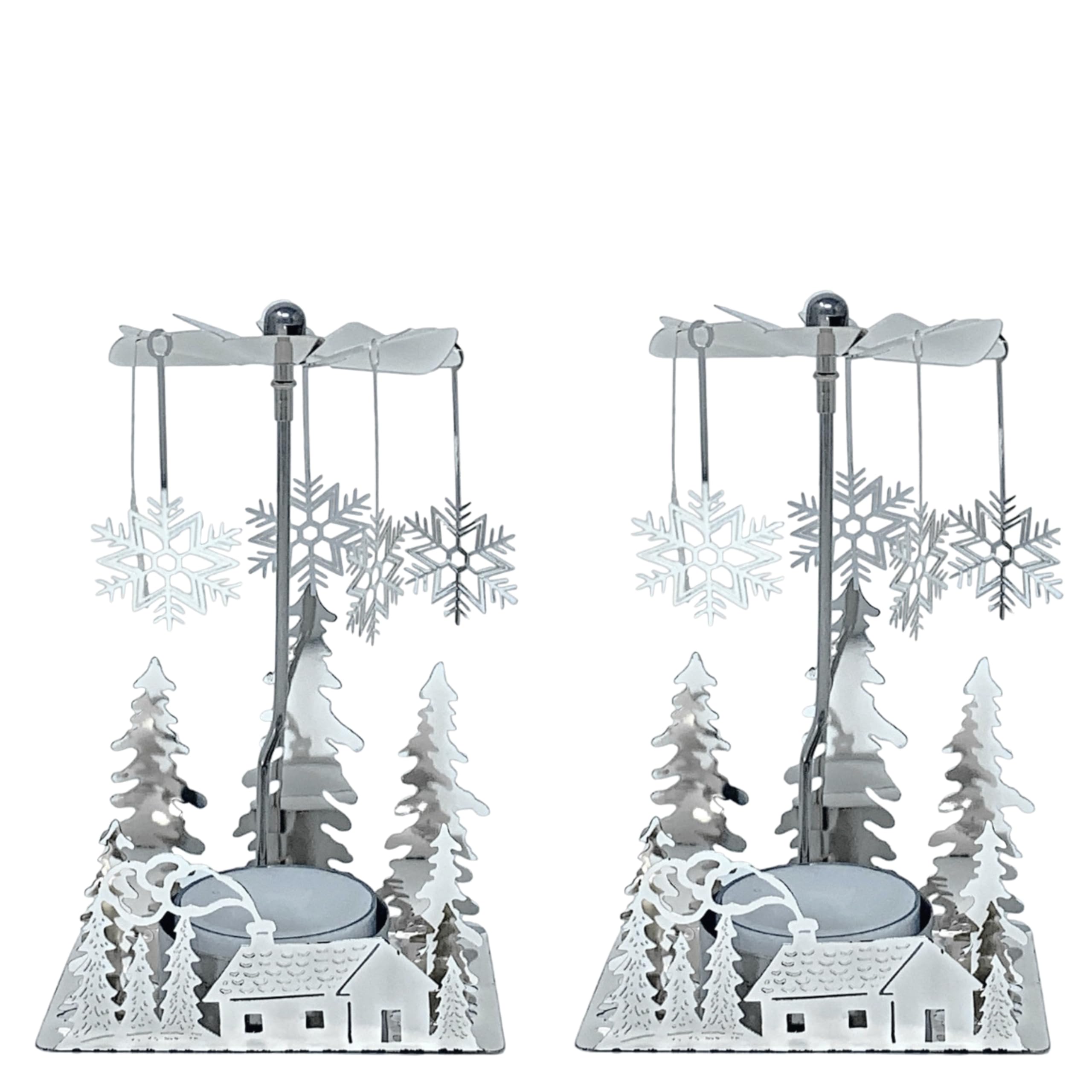 BANBERRY DESIGNS Winter Cabin Holiday Silver Candle Spinners Set of 2 - candleholders | Mubboo