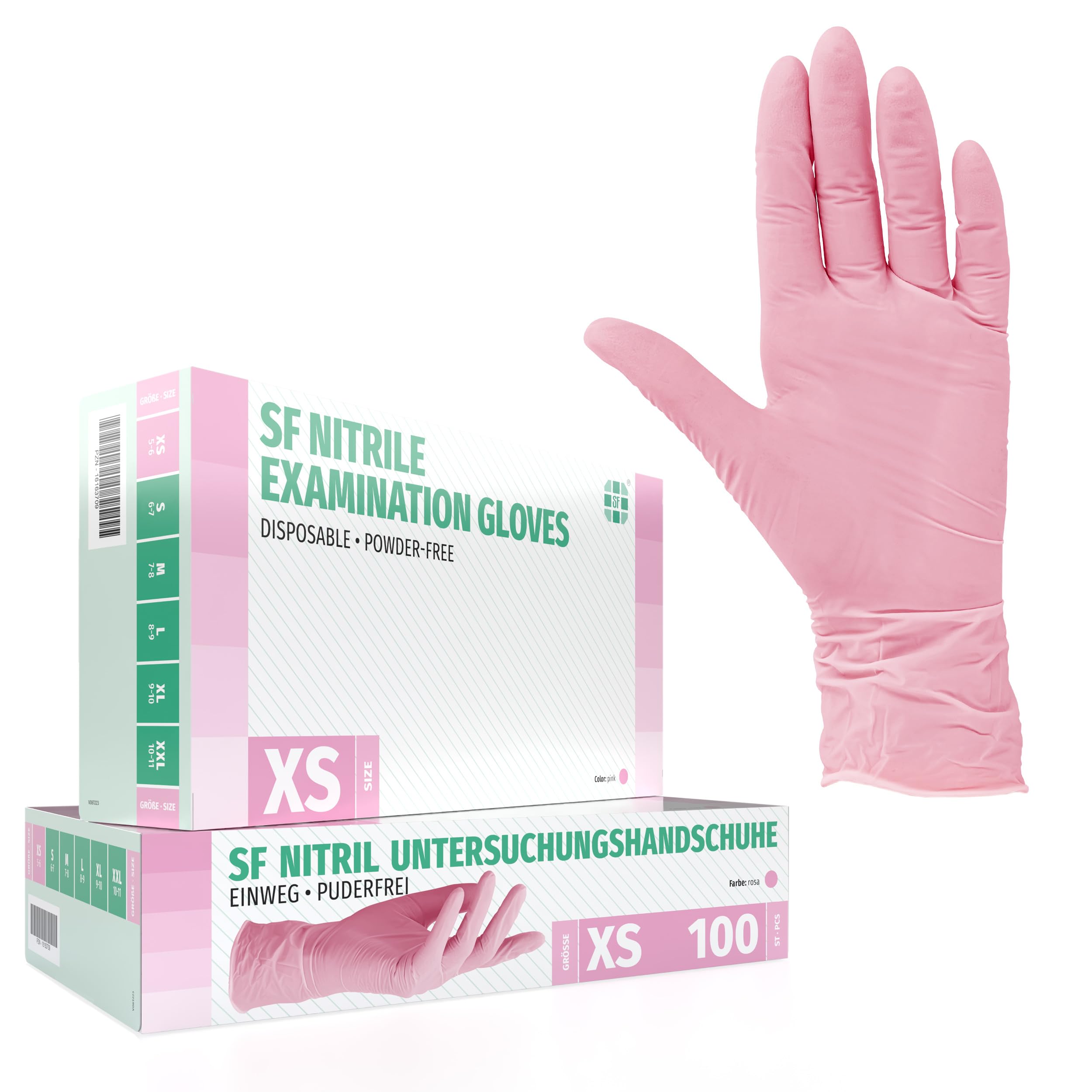 SF Guanti Nitrile XS Rosa – 100 Guanti Monouso Resistenti e Professionali, Senza Lattice e Senza Polvere