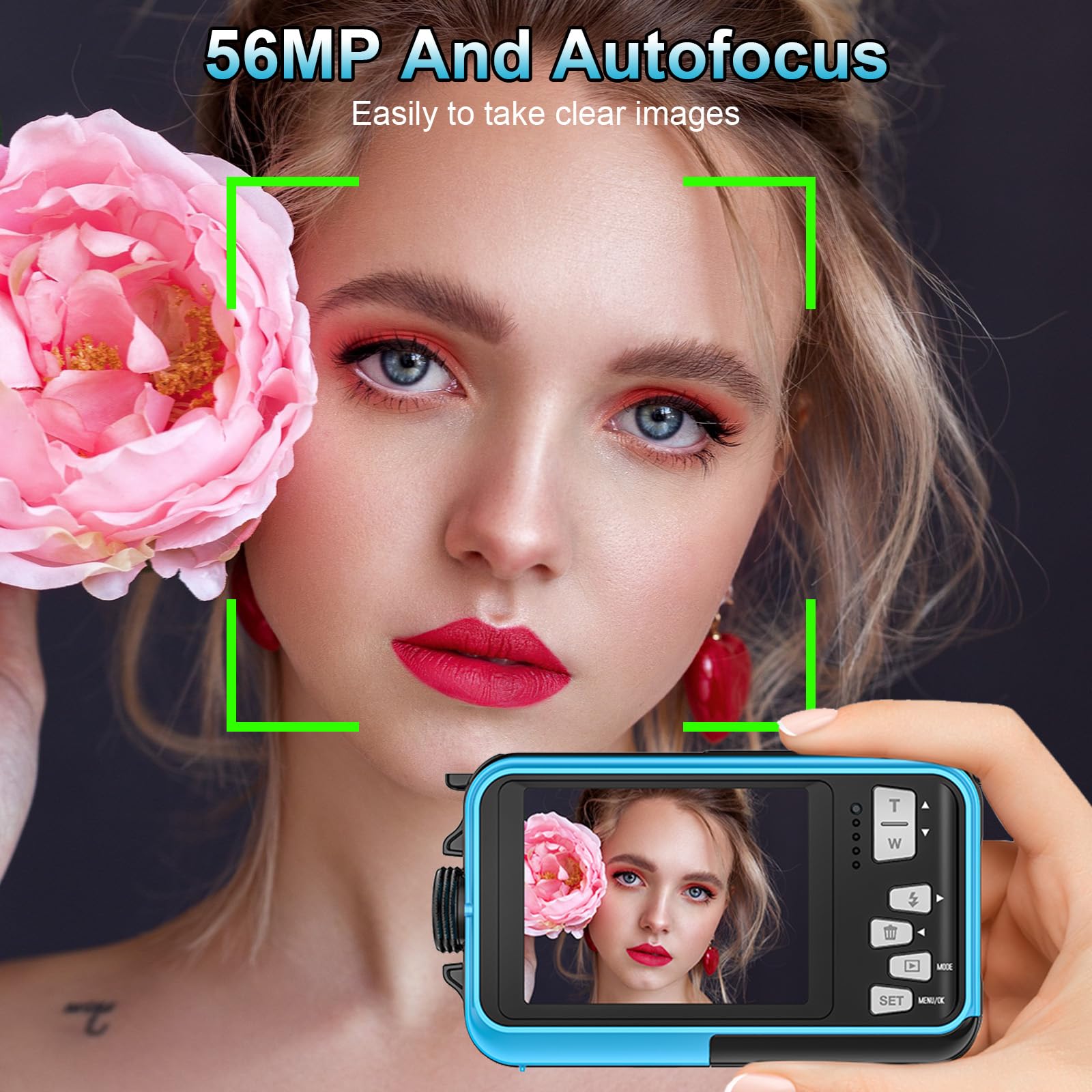 Unterwasserkamera 2.7K Digitalkamera wasserdichte 56MP Autofokus wasserdichte Kamera Fotokamera mit 32GB Karte