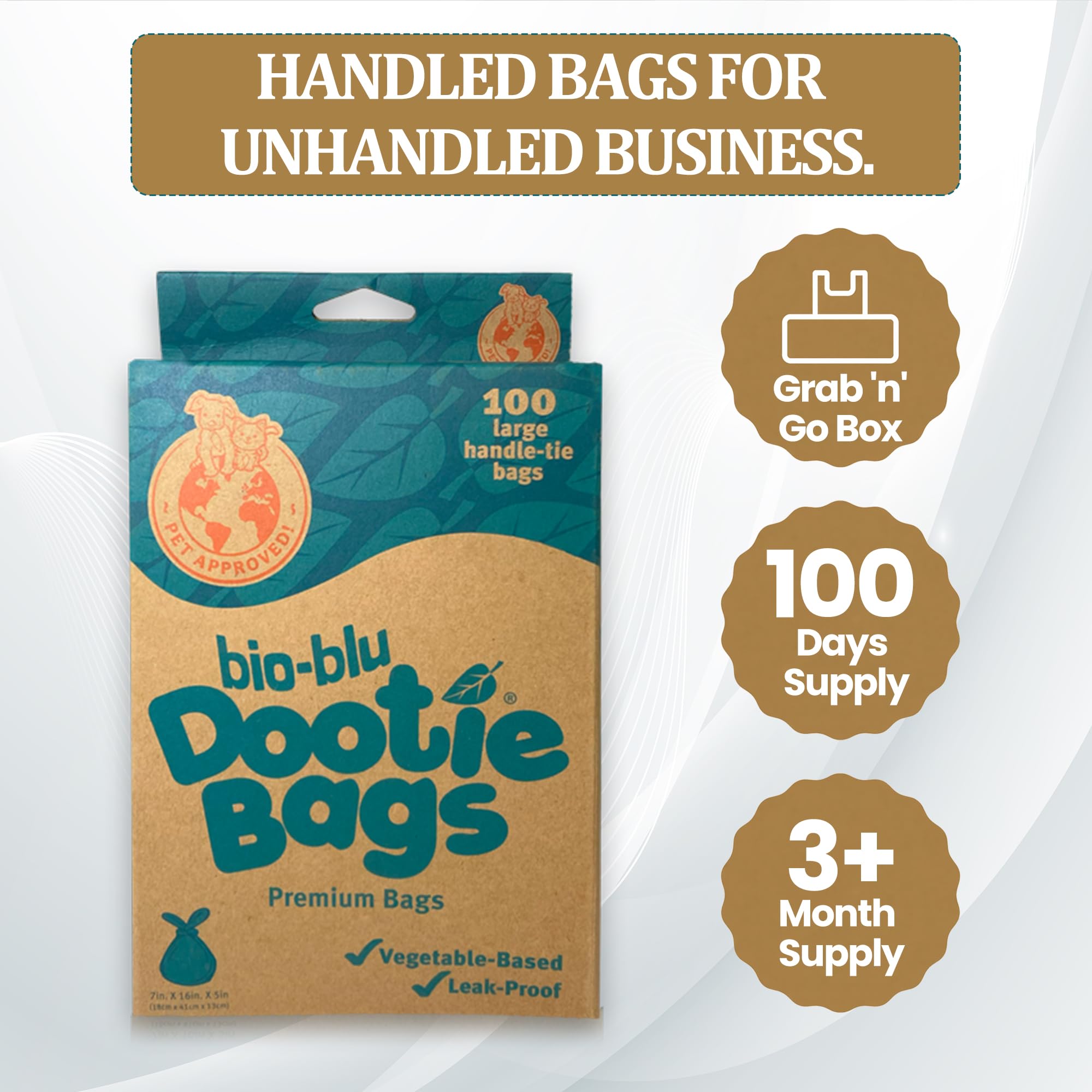 Bio-Blu Dootie Bags®, bolsas de excrementos de alta calidad, medianas y grandes, con asa de corbata E-Z, hechas con material superior, fuerte, a prueba de fugas, 100 unidades. Se adapta a las
