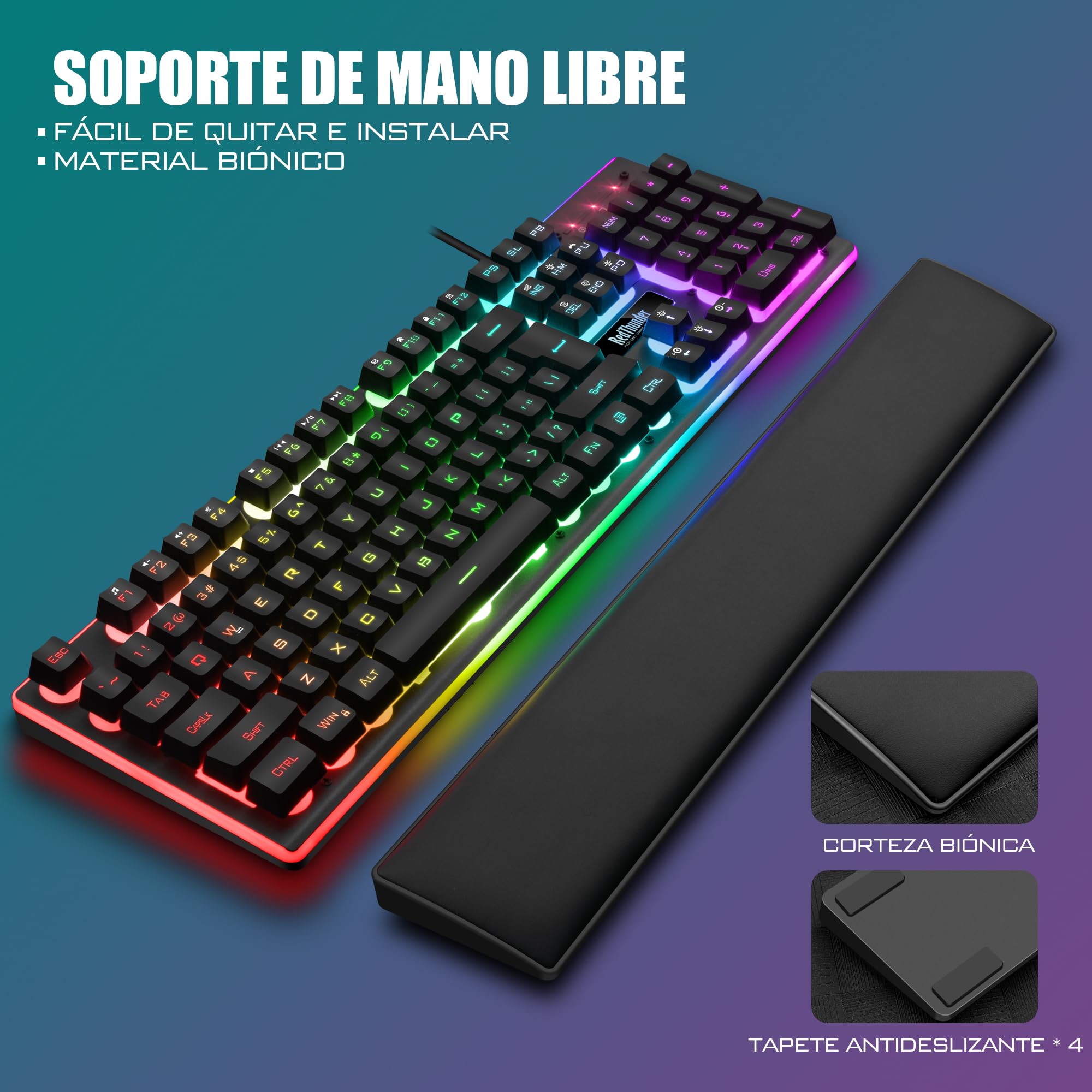 RedThunder K10 Juego 3 en 1 de Teclado, Ratón y Reposamuñecas de Cuero, Retroiluminación RGB + Tacto Mecánico, Teclas Anti-Ghosting + Ratón 7D 7200DPI, Layout Español, Compatible con PC/PS5/Xbox Negro