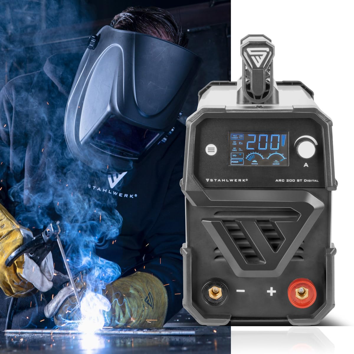 STAHLWERK Elektroden-Schweißgerät ARC 200 ST Digital – Vollausstattung – flexibel einsetzbar ohne Gas, kompakt, MMA, E-Hand, 200 A, Lift-TIG-fähig, Smartkühlung, Überhitzungsschutz, Anti-Stick
