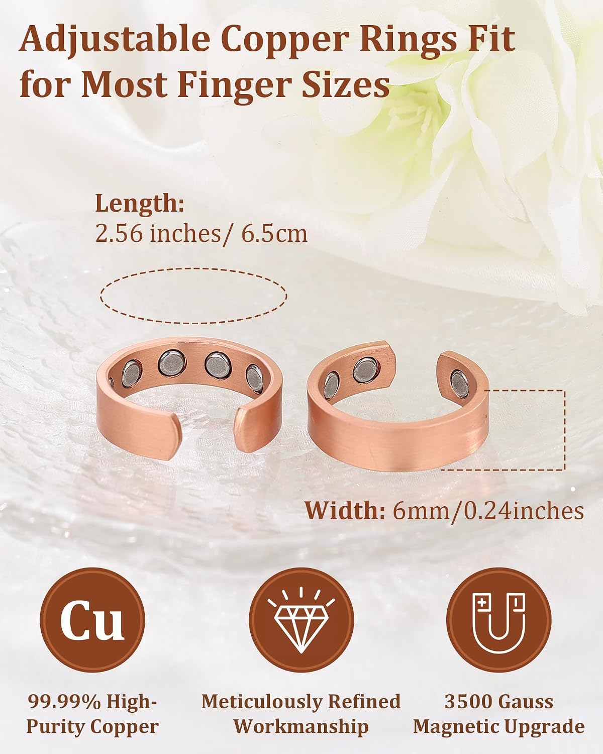 BioMag 2 Pcs Magnetic Rings for Men Women, 99.99% Pure Copper Rings Finger Ring with Magnets, Adjustable Jewelry