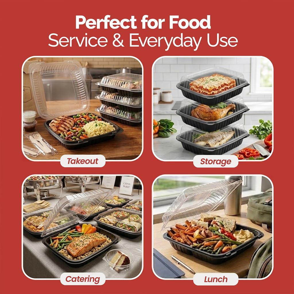 8” x 8” Hinged Takeout Containers – Microwave-Safe Black Plastic Containers with Clear Lids for Catering – Reusable & Disposable 1-Compartment Food Containers with Leak-Resistant Design –150 Pack
