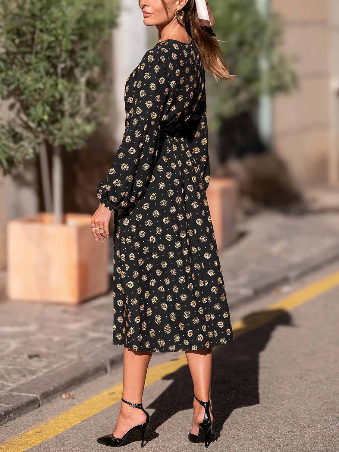 CUPSHE Womens Midi Fall Dresses Fashion Round Neck Floral Long Sleeve Belted Casual A Line Flowy Long Wedding Guest Dress - Image 3