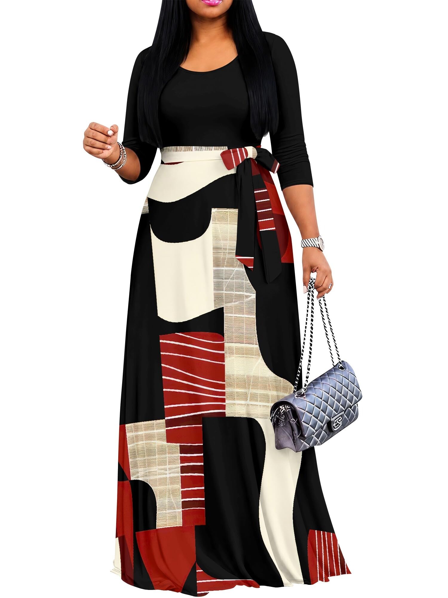 PinkPatty Women's Print Maxi Dresses 3/4 Sleeve Flowy Long Dress V Neck Wrap Tie Waist Sundress