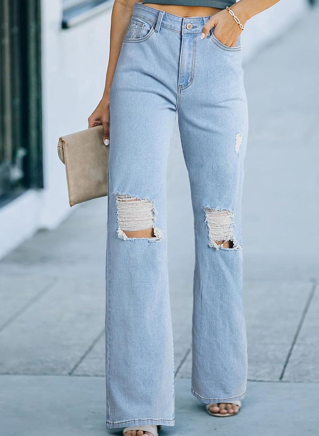 Sidefeel Women's Ripped High Waisted Jeans Wide Leg Destroyed Denim Pants - Image 2