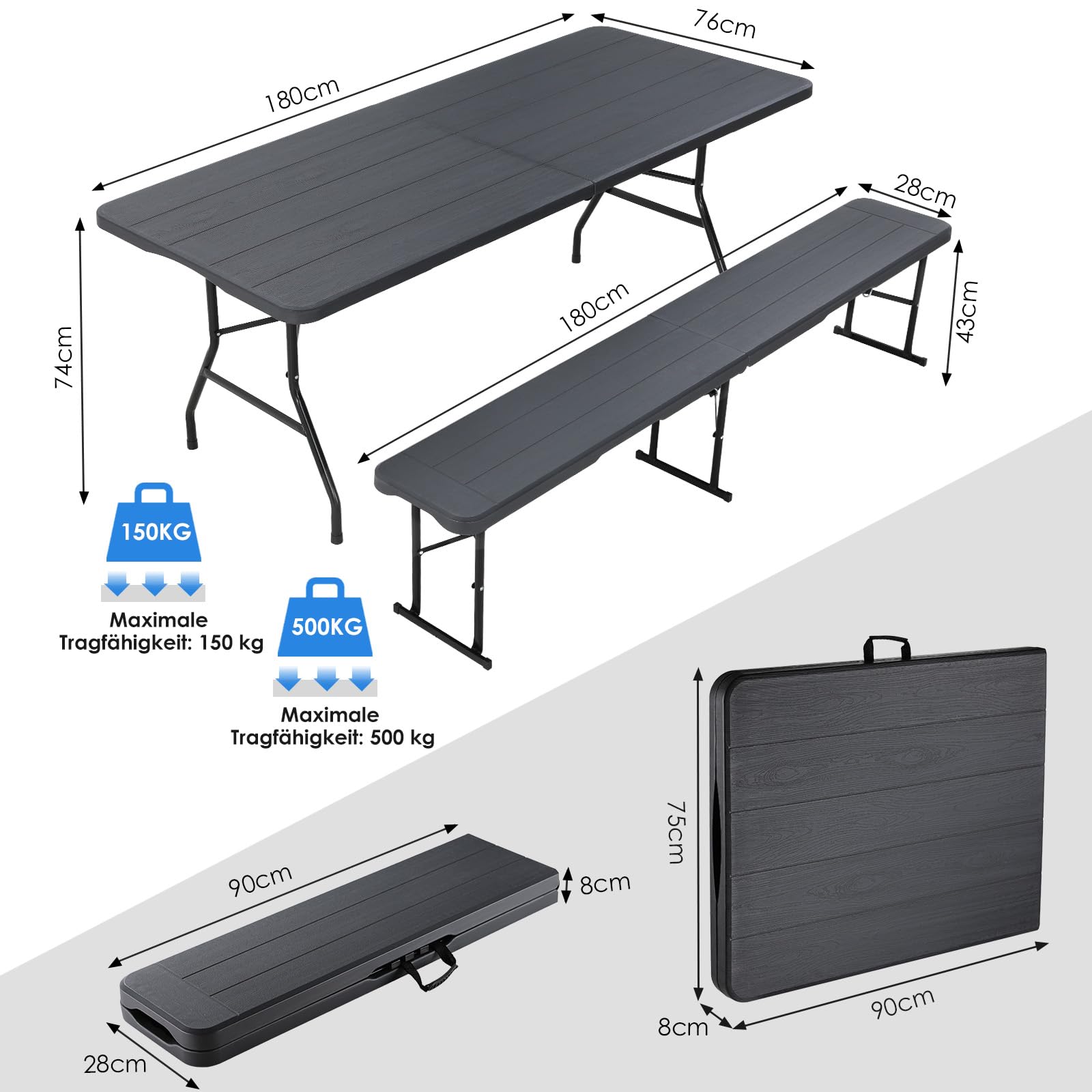 Set Tenda da Birra 3 Pezzi 180cm, Tavolo e 2 Panche Pieghevoli, Mobili da Giardino in Plastica HDPE