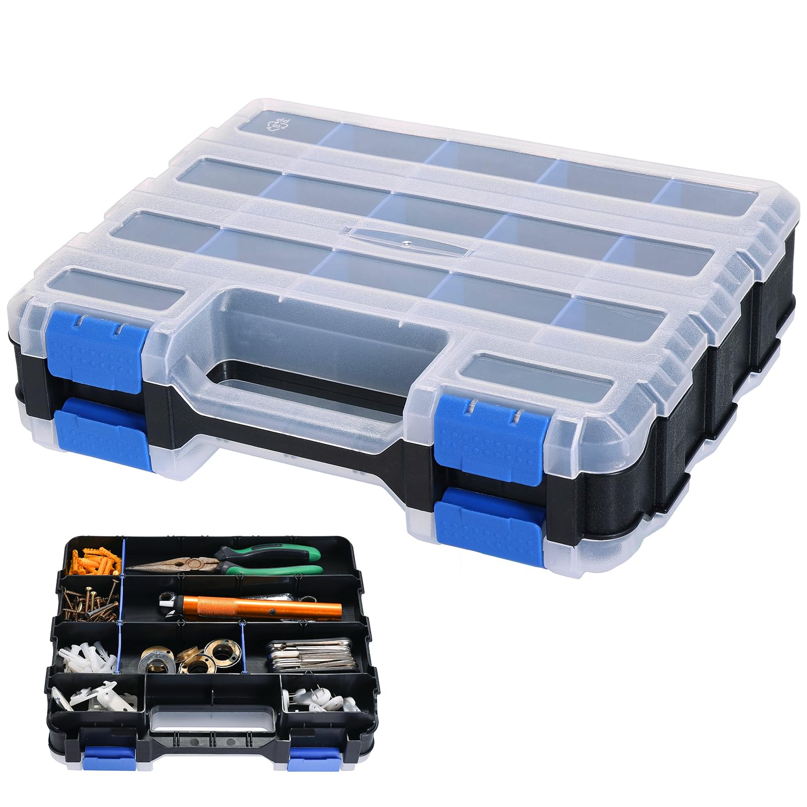 DASBET Double-Sided Tool Organizer 34-Compartment Storage Box Customizable Tool Organiser Box with Transparent Lid DIY Hardware Assortment Organizer for Screws, Nuts, Small Parts