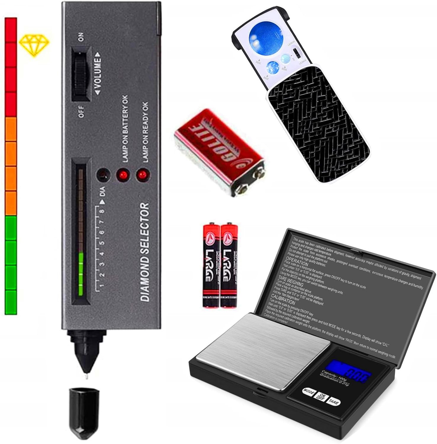 Jewelry Diamond Tester,Jewelry Diamond Tester＋200g/0.01g Mini Jewelry Scale+30X 60X 90X Mini LED Magnifying,Professional Diamond Selector for Novice and Expert,Thermal Conductivity Meter
