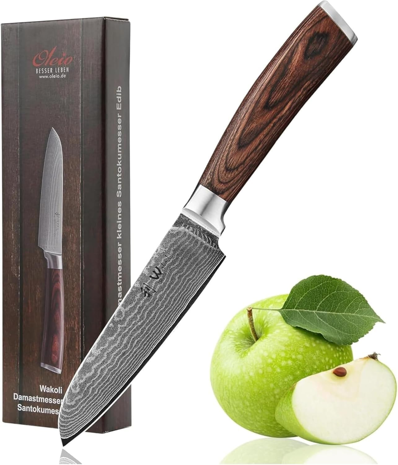 WAKOLI Edib Petit Couteau Santoku en Damas I Lame tranchante de 12 cm en acier damassé à 67 couches avec noyau VG10 et manche en bois de pakka I Couteau de cuisine professionnel & couteau damassé