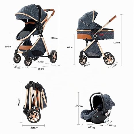 Magic ZC 3-in-1 Combination Pushchair 3-in-1 Complete Set with Reversible Two-Way Push Buggy with Accessories High Landscape Foldable Portable One-Click Design (V9 Black)