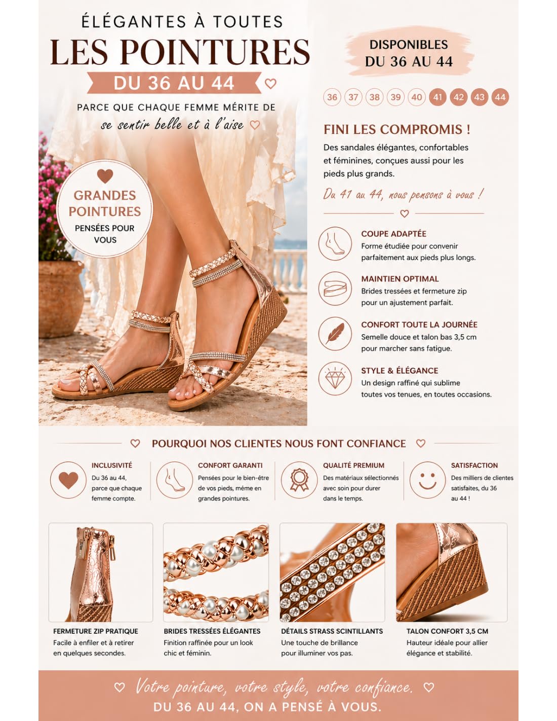 Sandales Femme Été Compensées Confort Élégantes Brides Tressées Strass – Chaussures Femme Légères Zip – Du 36 au 44