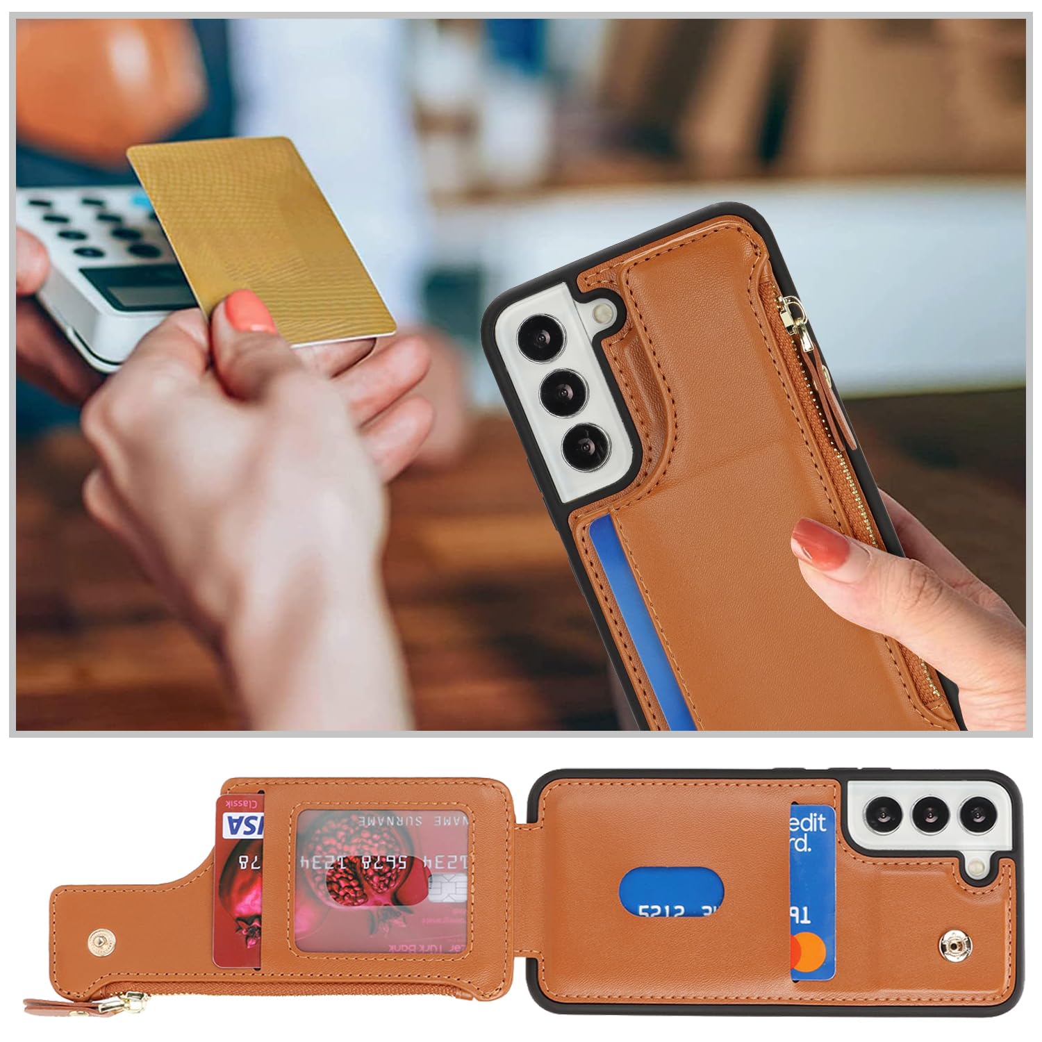 SailorTech per Samsung Galaxy S22 Custodia per telefono con porta carte di credito per uomo, Samsung S22 Custodia con slot per carte di credito Portafoglio Zipper per donna-Marrone