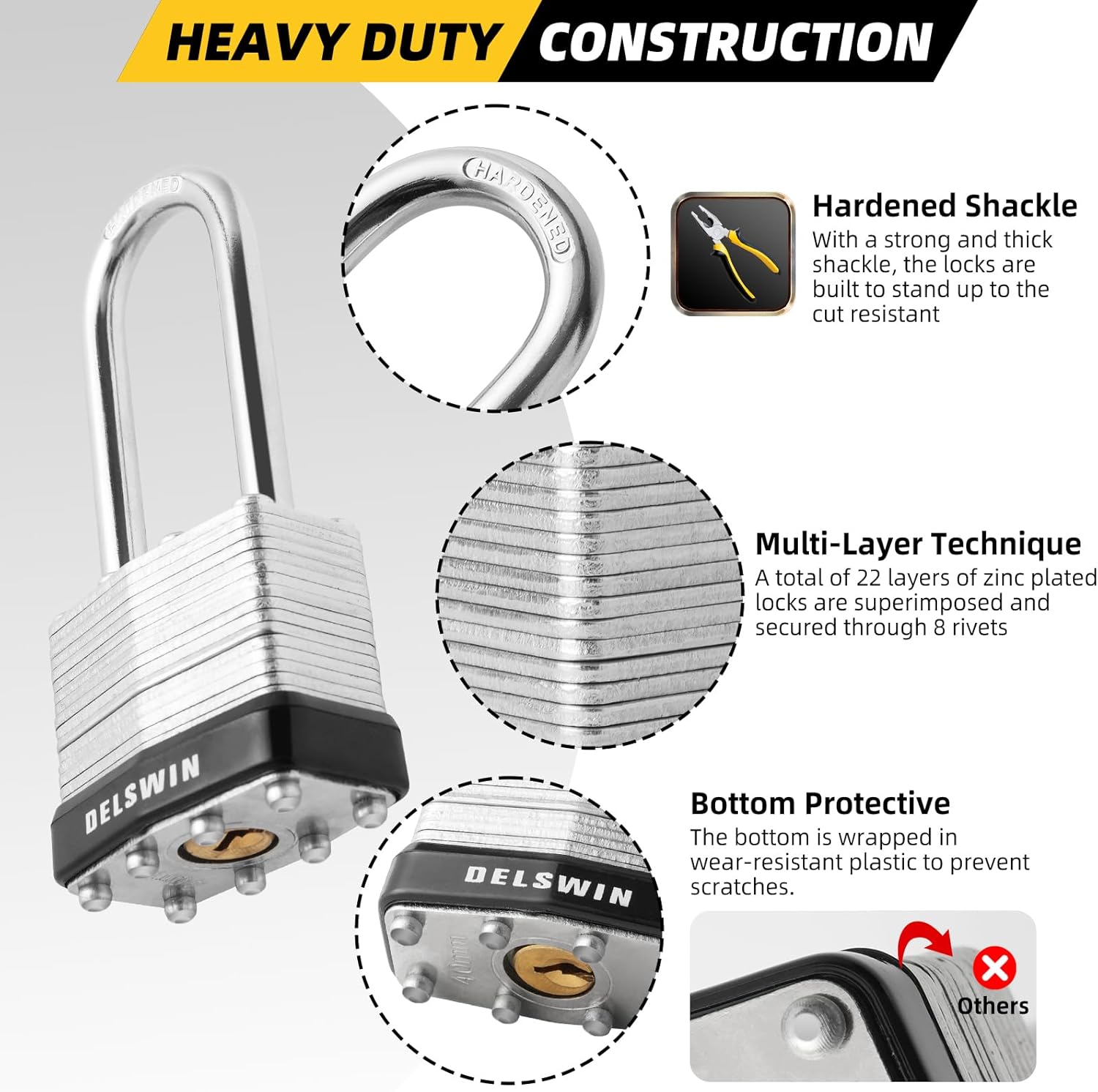 DELSWIN Weatherproof Padlock with Key (Keyed Alike) - Heavy Duty Laminated Steel Locker Locks with 12 Keys, 6 Tags, 1-9/16" Wide Body, 2" Long Shackle, Padlocks for Outdoor, Gate, Fence, Shed (6 Pack)