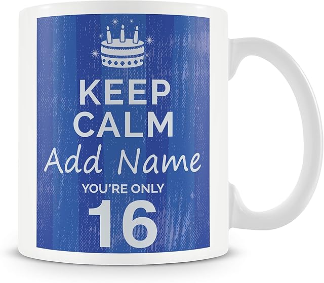 16th Birthday Gift for Boys - Personalised Mug/Cup - Add Name - Keep Calm Design - Blue