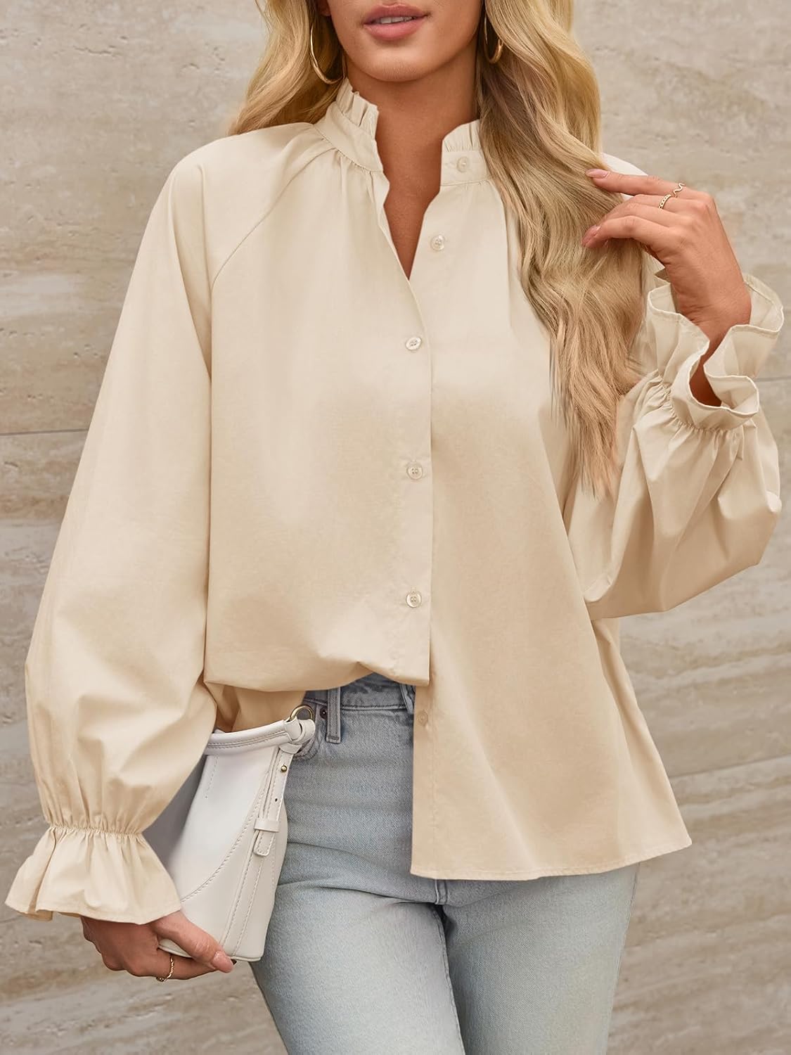 Tankaneo Womens Puff Long Sleeve Button Down Shirts Pleated V Neck Cotton Blouses Loose Fit Casual Ruffle Tops - Image 6