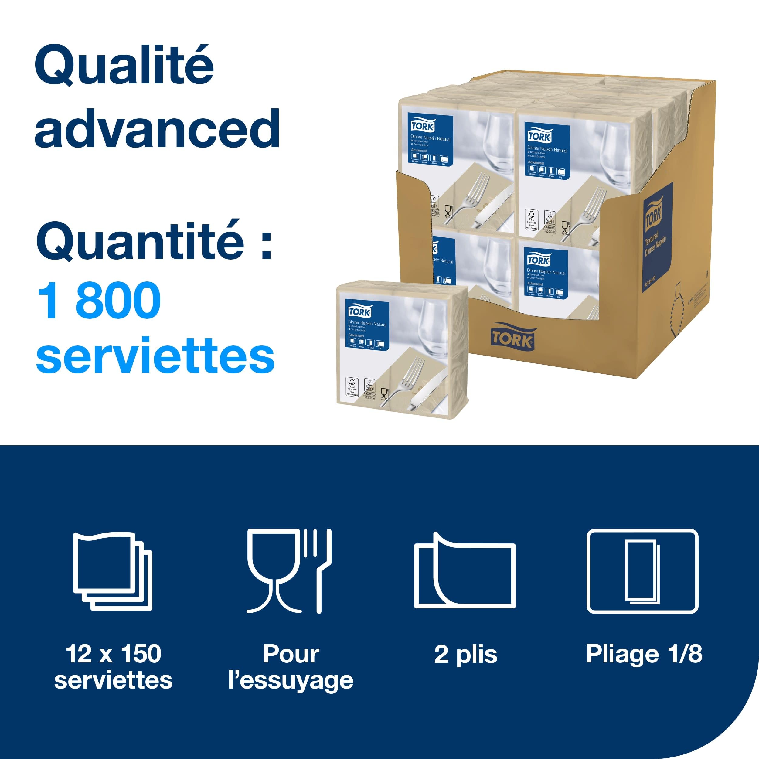 Tork Serviette Dinner naturelle, 477352, 12 x 150 serviettes | pliage 1/8 2 plis, 39 cm x 39 cm