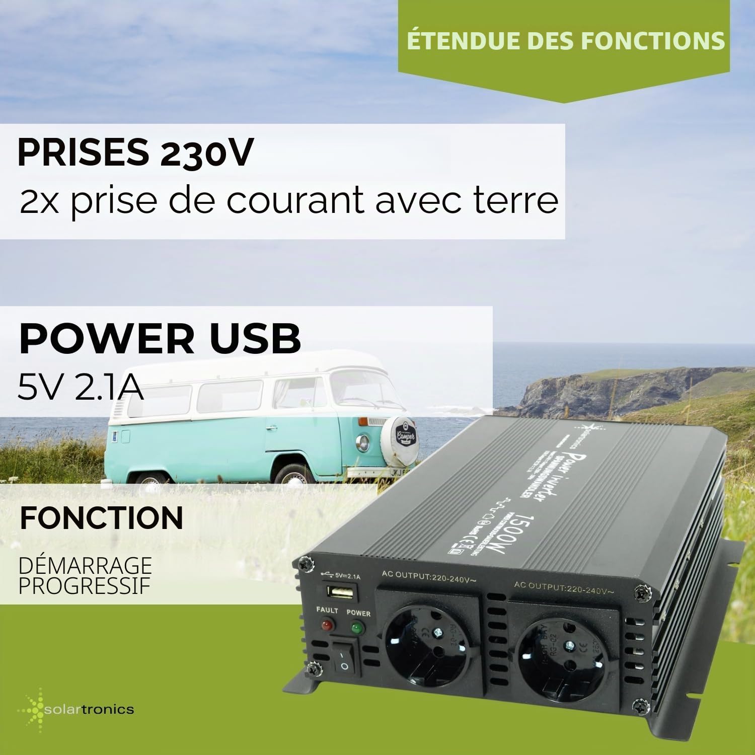 SOLARTRONICS NM 1500 Convertisseur de Tension 24V 230V Sinus modifié 1500W - 3000W Puissance de crête - Onduleur 24V à 230V convertisseur de Courant avec Prise Schuko & USB