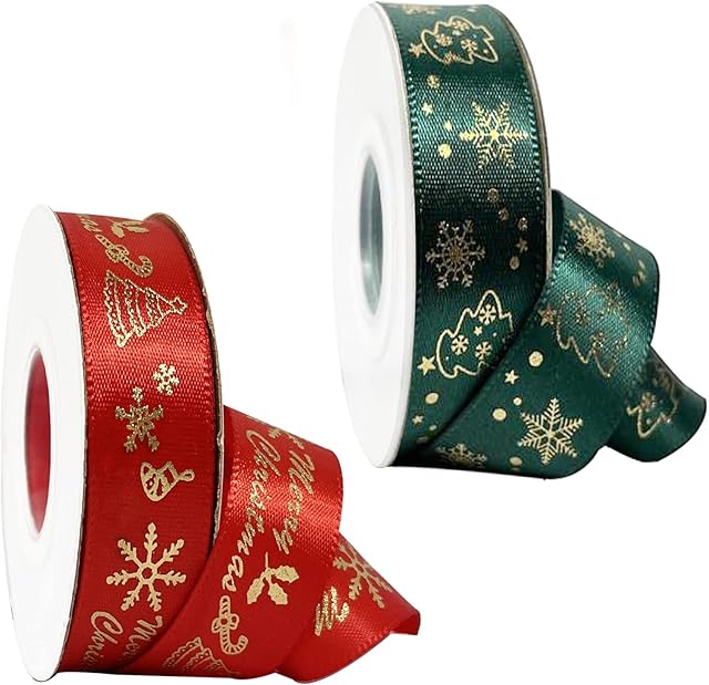 2 Rolls 20 Yards Christmas Ribbon, Xmas Satin Ribbon for Gift Wrapping, 20mm Width Green/Red Ribbon Decorative Wrapping Ribbon for Crafts, Christmas, Wedding, Sewing, DIY (10 Yards/Rolls)