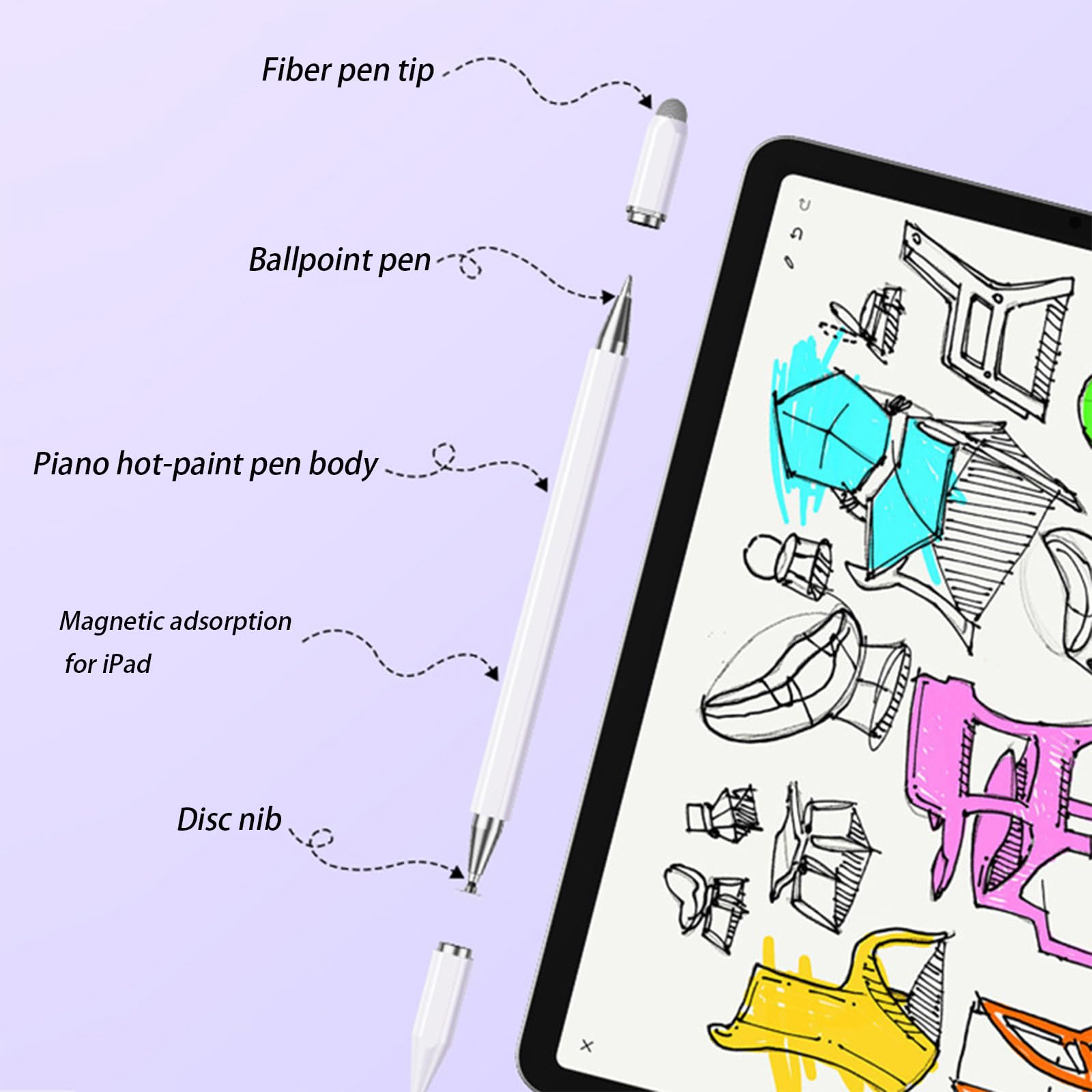 Lot De 3 Stylets Doubles Pointes Pour Tablette Et Smartphone – Sensibles, Compatibles Tous écrans Tactiles – Couleurs Blanc, Violet, Rose