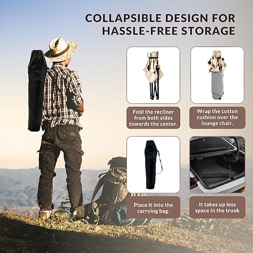 Miniatura 7 de Silla de camping reclinable con reposapiés extraíble, silla de playa plegable ligera de 4 posiciones con cojín de algodón, portavasos y bolsa de
