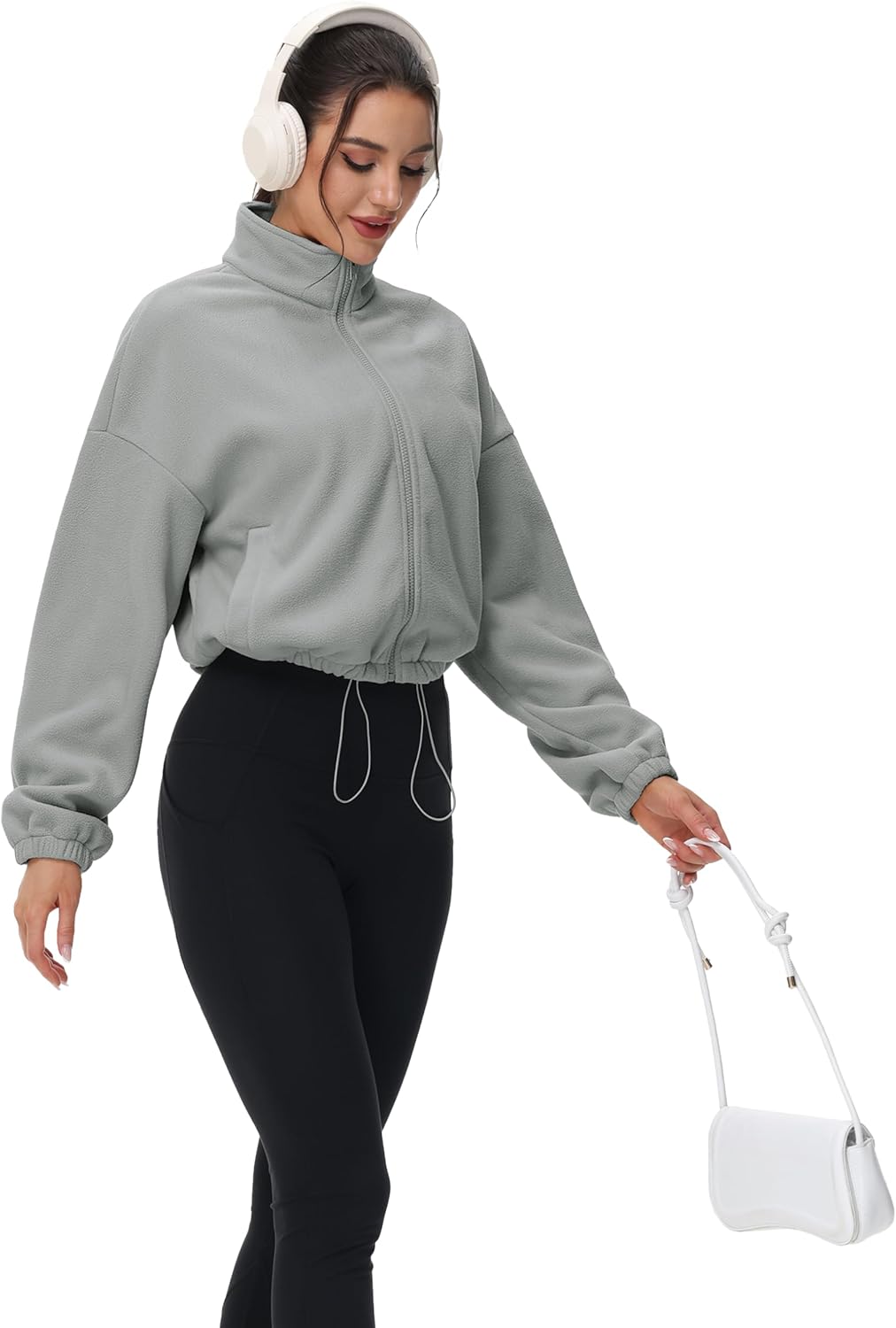 MAGCOMSEN Women's Cropped Fleece Jacket Full Zip Stand Collar Workout Short Sherpa Coat Winter Sweatshirt - Image 6