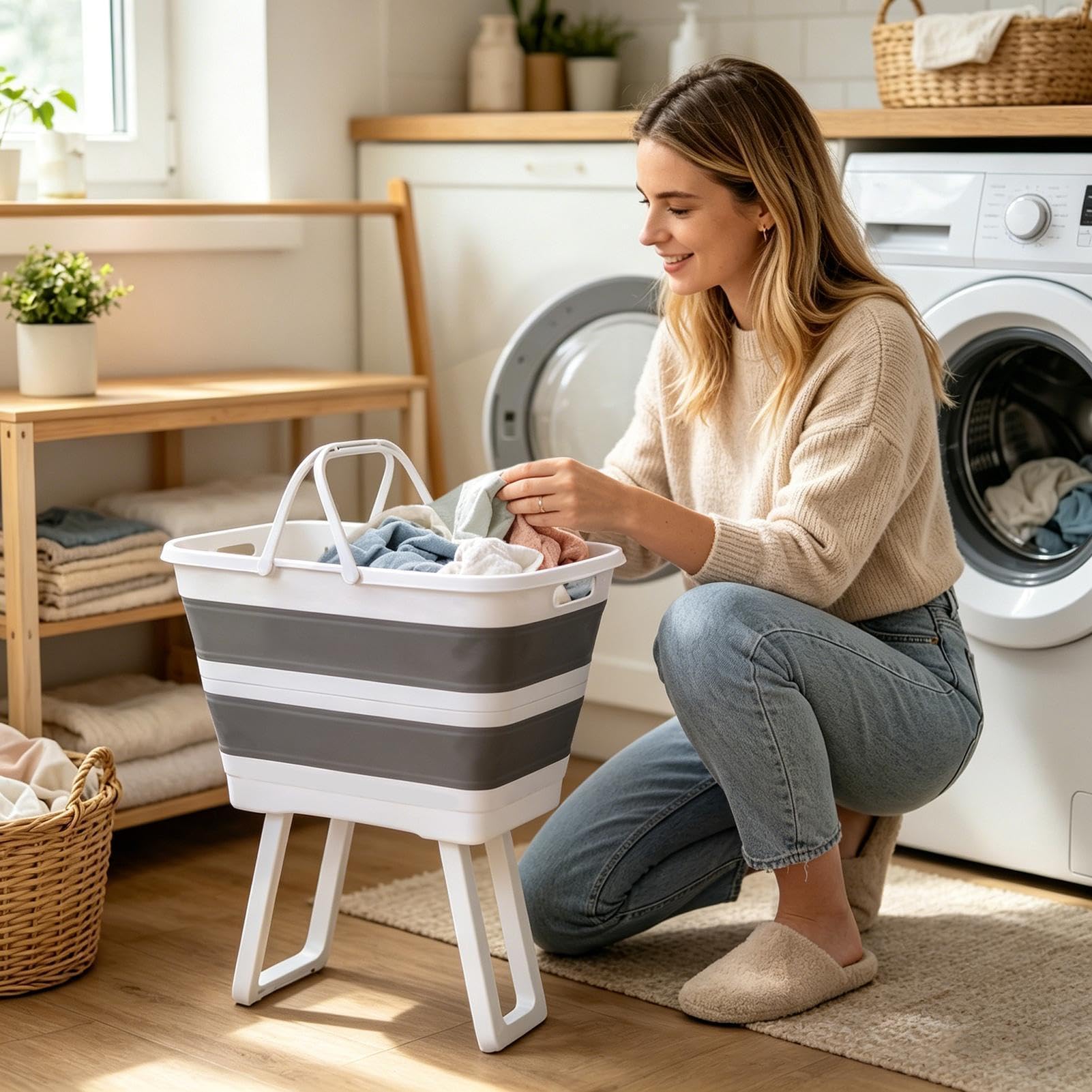 Cesto portabiancheria pieghevole con gambe, multifunzione da 26 l, con uscita di scarico, in termoplastica PP, , per campeggio, giardino, casa, uso esterno
