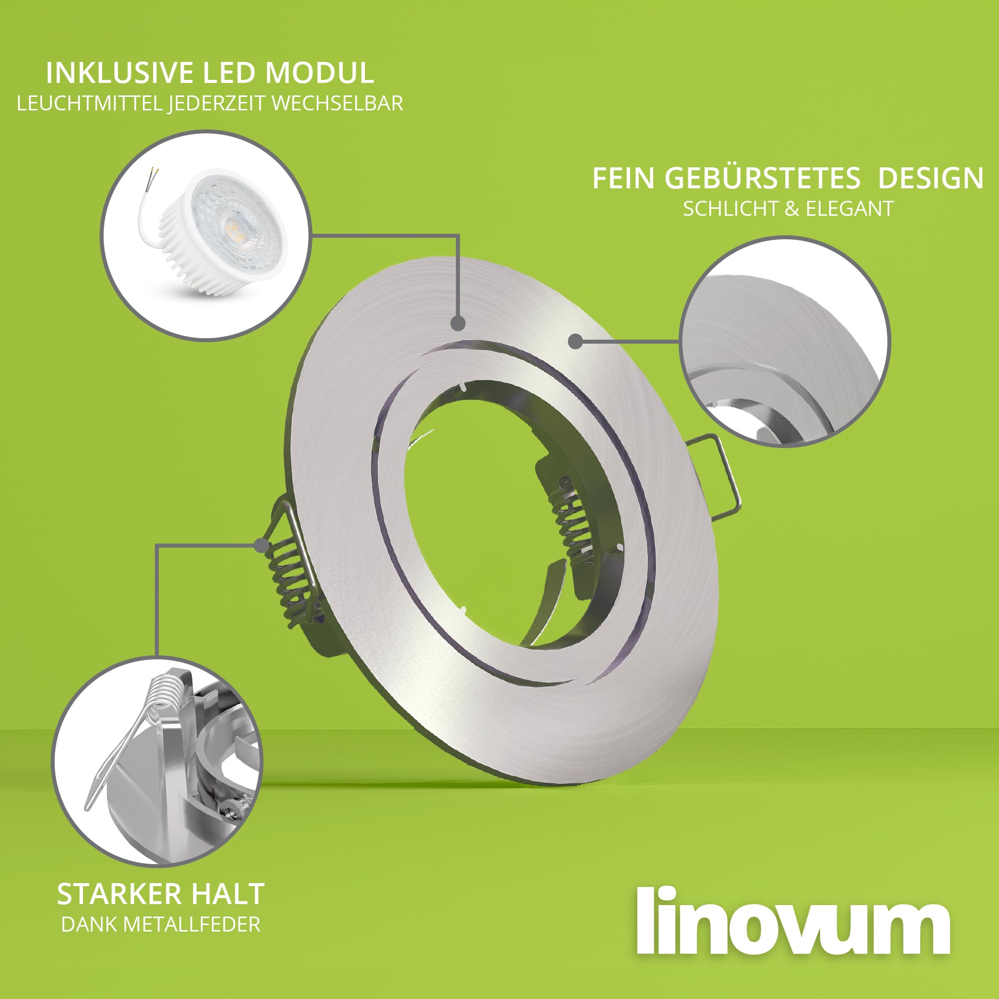 linovum Einbauleuchte LED flach Set 10 Stück 230V gebürstete Optik - runde Spot Deckenleuchten inkl. LED warmweiß 4W 230V