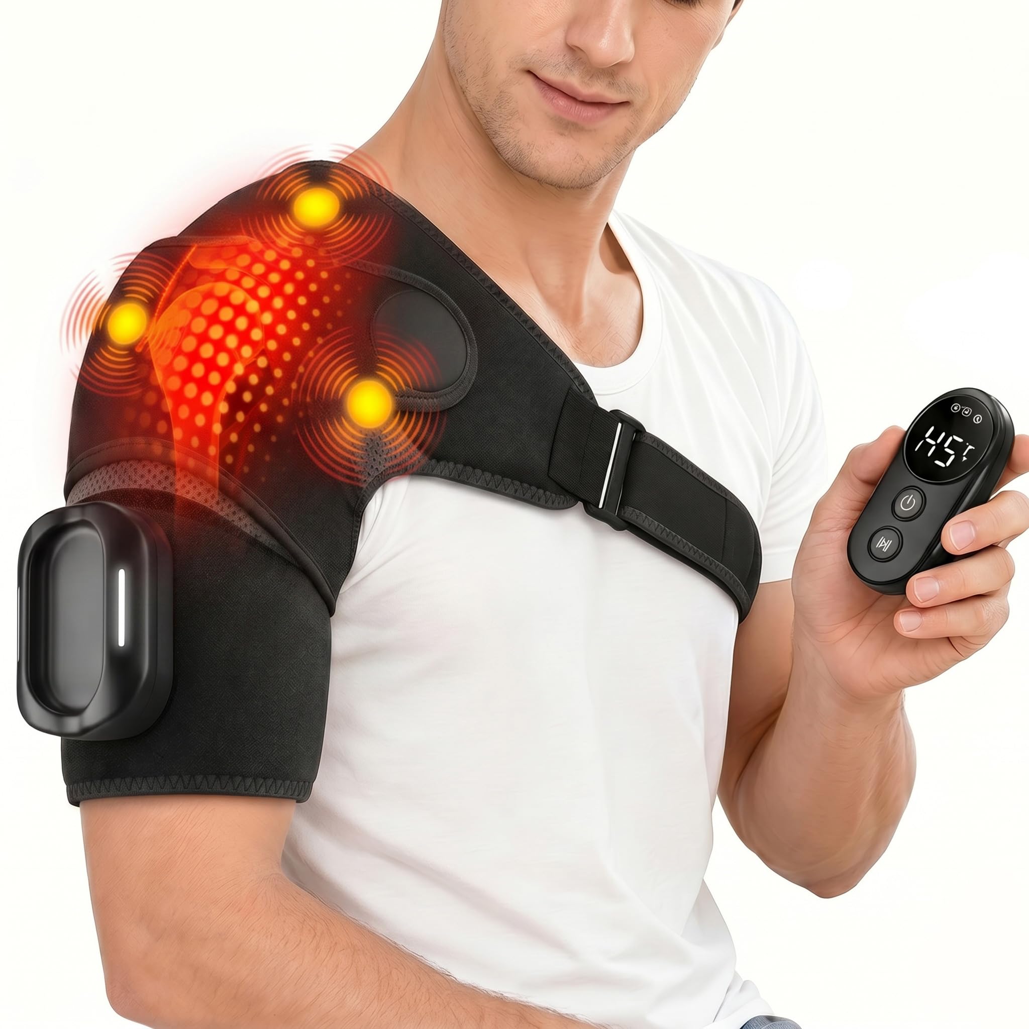 Schulter Massagegerät, Schulterbandage mit 5 Heiz-& Vibrationsstufen | Massagegerät mit Magnetischer Steuerung,Nackenmassagegerät mit Wärme, Kabellose Schultermassage für Damen & Herren