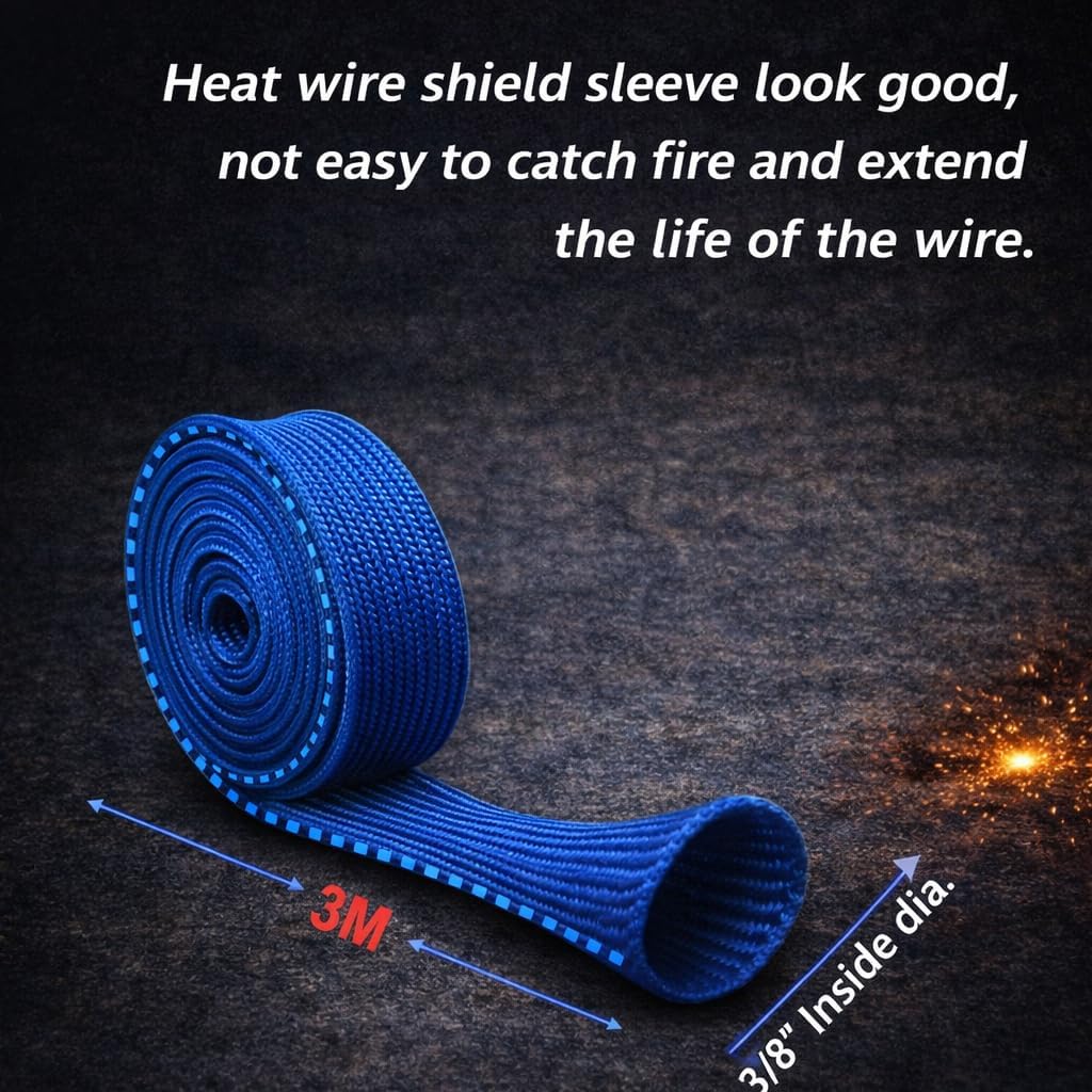Fiberglass Heat Wire Shield Sleeve Heat High Temp 1800 degree Shield Adjustable Heat Shield 10Ft 3/8"(10mm) I.D Blue for Car Wire Loom Protection