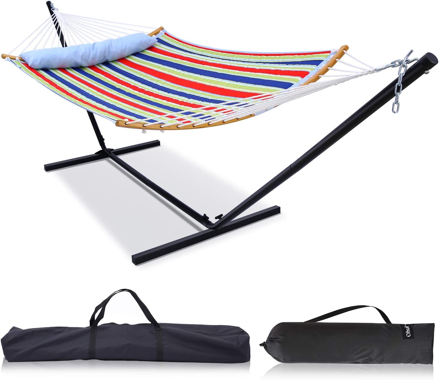 Ohuhu Double Hammock with 12.8 FT Hammock Stand, 55"x75" Hammock Swing with Strong Curved-Bar Bamboo & Pillow, Detachable Metal Stand, 2 Carrying Bags for Easy Store, Red & Blue Stripe