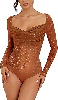 Body de manga larga para mujer, cuello cuadrado, sexy, de malla transparente con diamantes de imitación, camisa, ropa de club